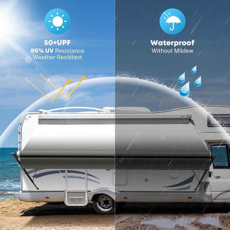 Kohree استبدال قماش مظلة RV بطول 17 بوصة، قماش مقاوم للعوامل الجوية بوزن 19 أونصة، استبدال مظلة ثقيلة مقاومة للتلاشي مع حزام سحب، مظلة RV للكامبر، المقطورة، المنزل المتنقل، لون أسود متلاشي، (قماش 16'2") - Image 3